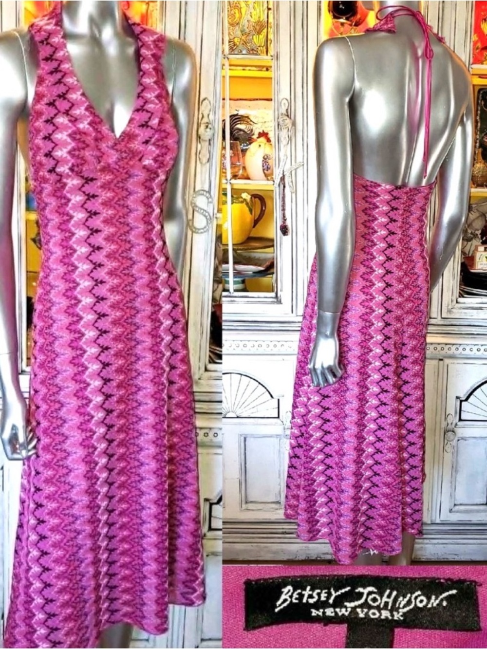Betsey Johnson Vintage Y2K Pink Zigzag halter midi Dress